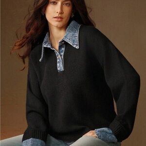 Women's Black Sweater with Denim Collar
